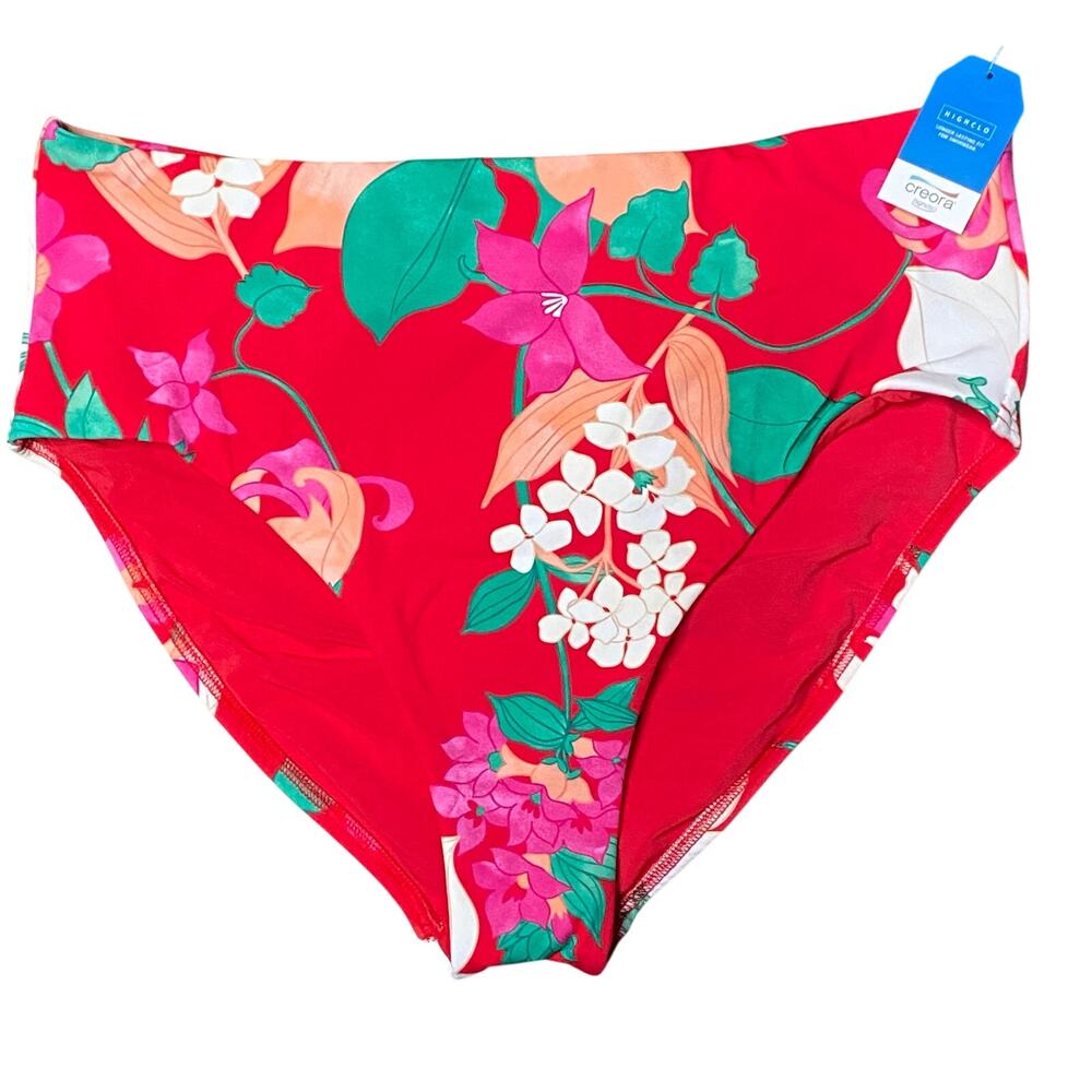 Lands' End Cheeky High Waisted Bikini Bottom Sz 16 Red Floral Pattern